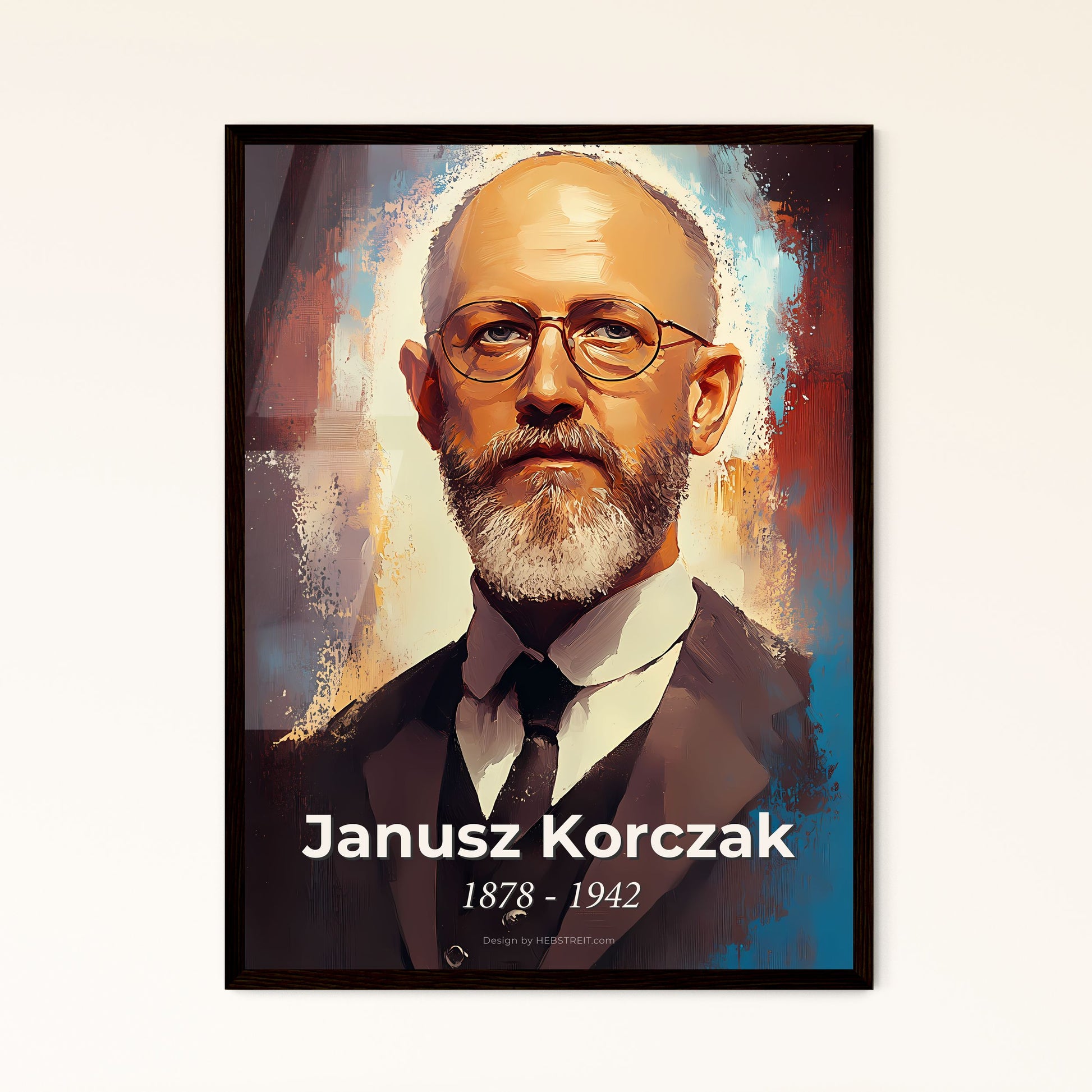 Portrait of Janusz Korczak, 1878 - 1942. Impressionistic painting of a man in a suit and tie.