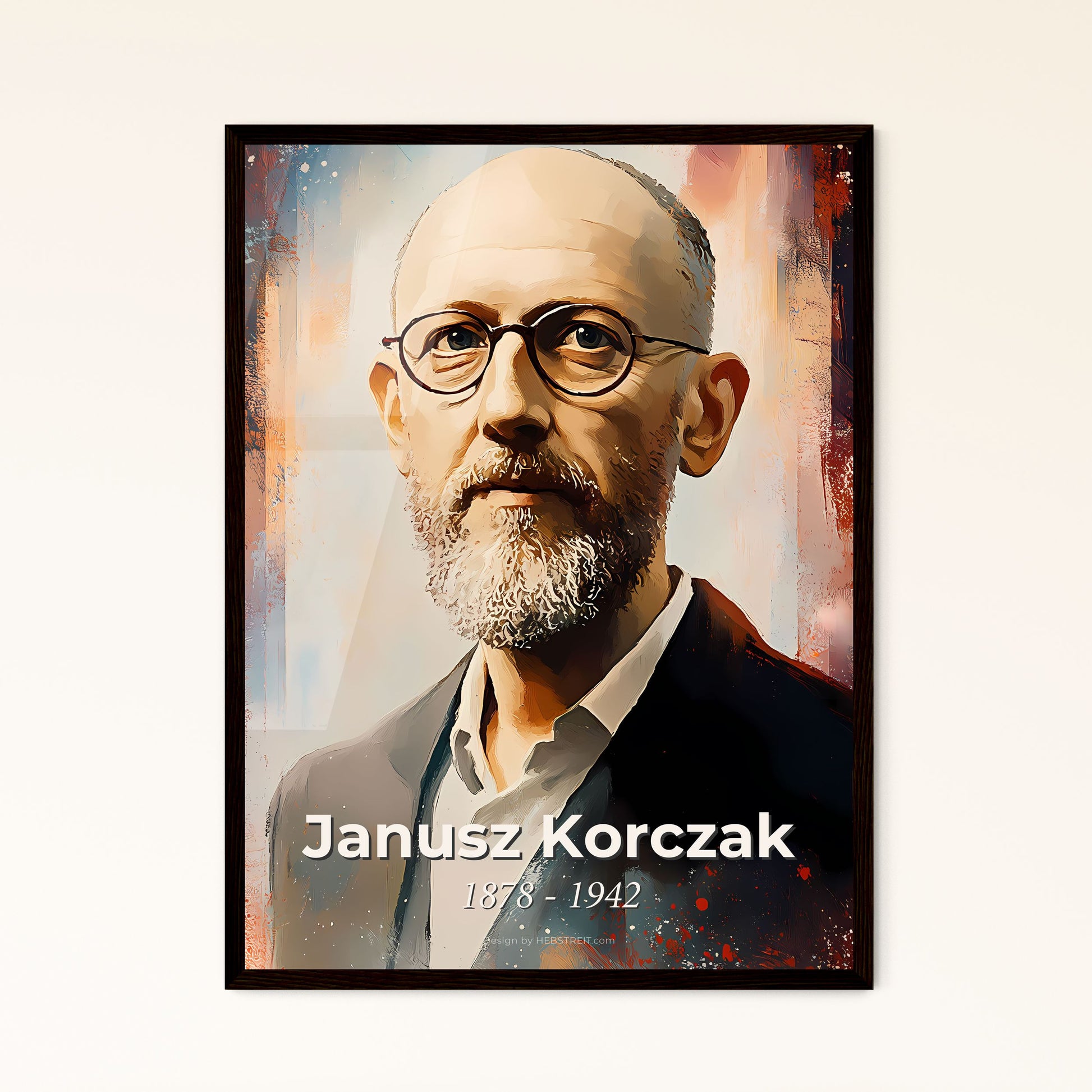 Portrait of Janusz Korczak, 1878 - 1942. Impressionistic painting of a man with glasses and a beard.