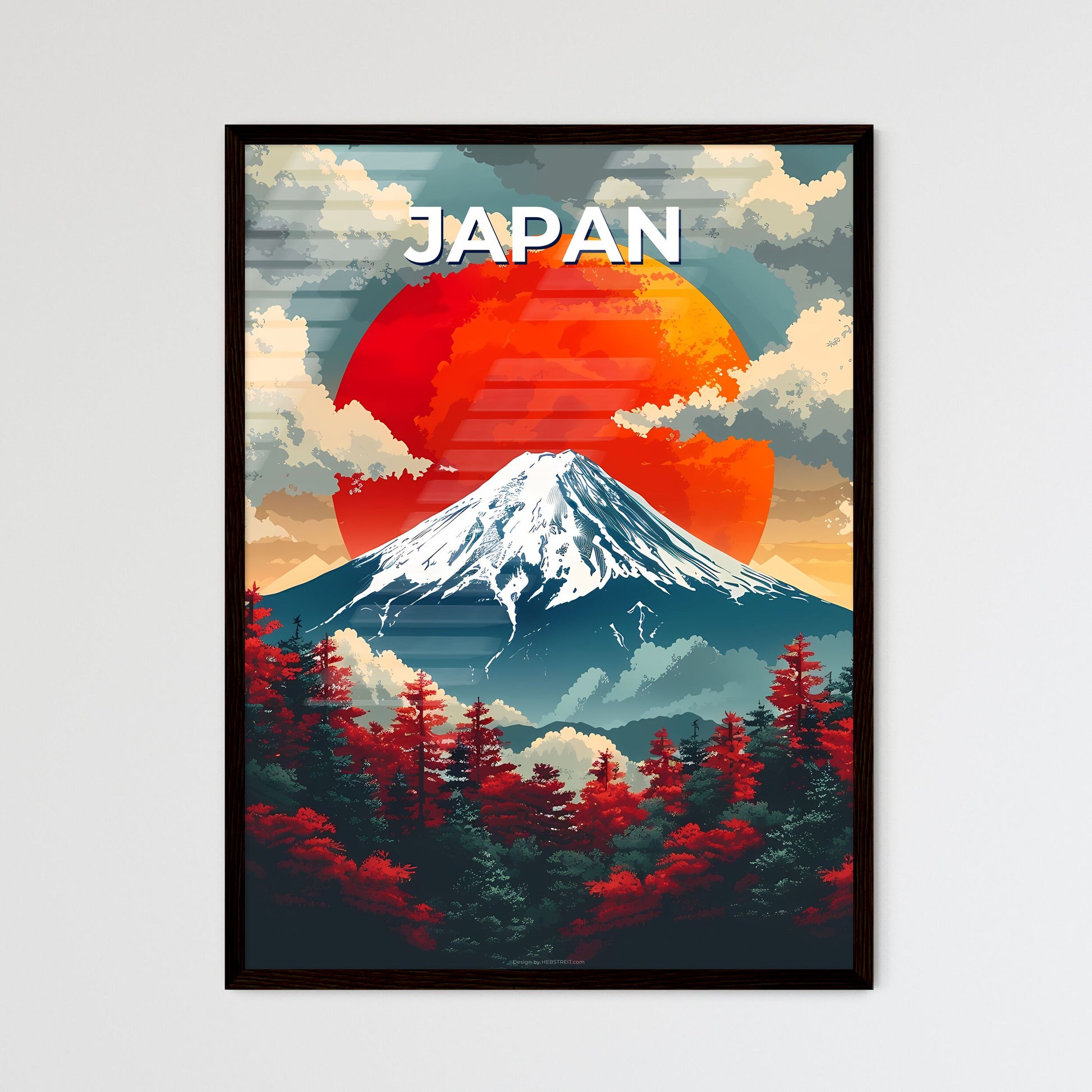 Tranquil Painting of Majestic Mountain and Crimson Sun amidst Serene Clouds, Japanese Art