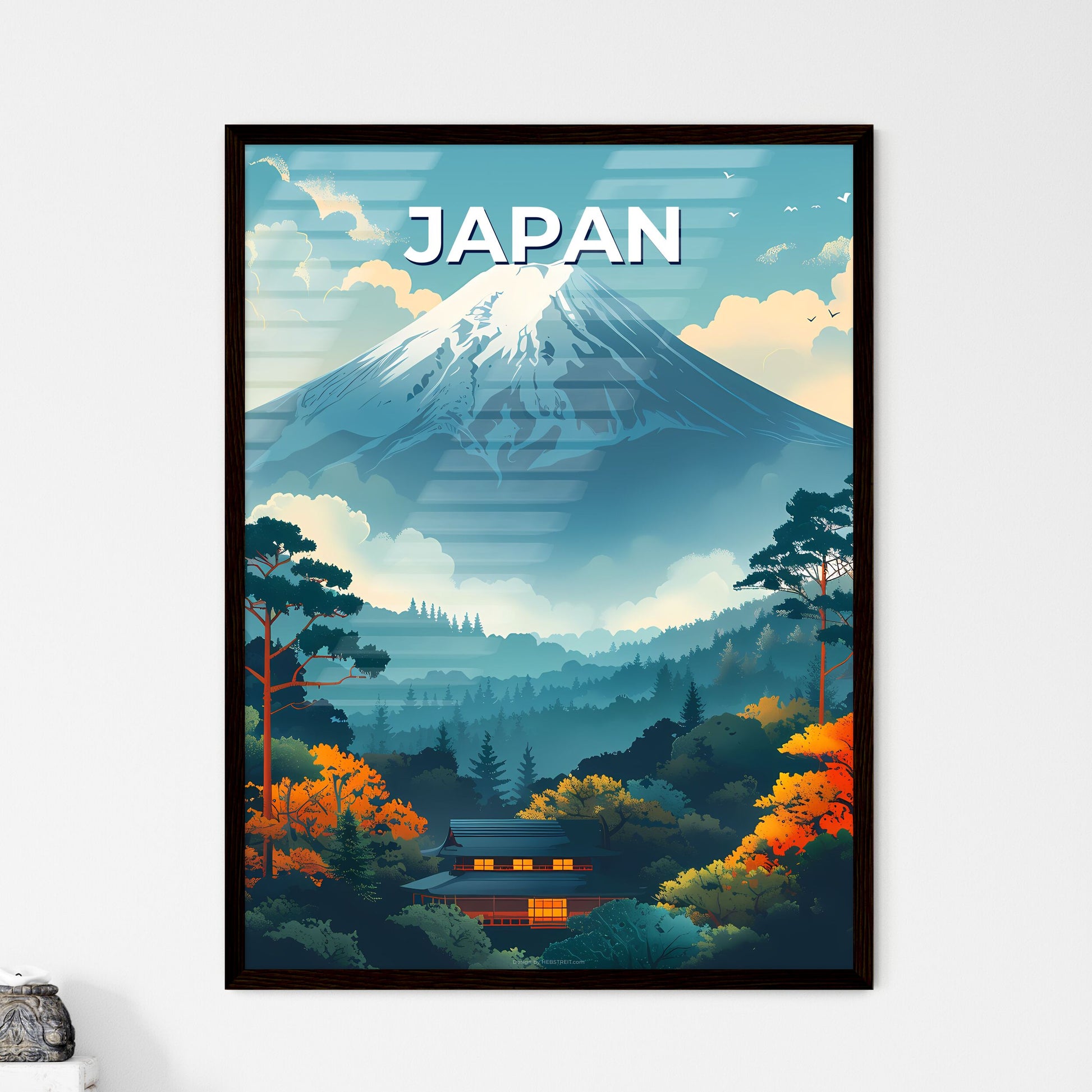 Vibrant Painting of Iconic Mount Fuji with Traditional Japanese House Amidst Verdant Trees