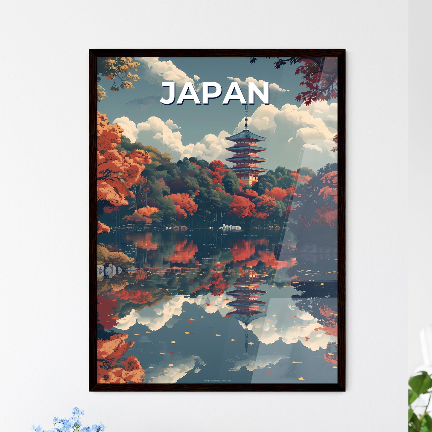 Vibrant Japanese Artwork Depicting a Serene Waterway with Tower Amidst Trees