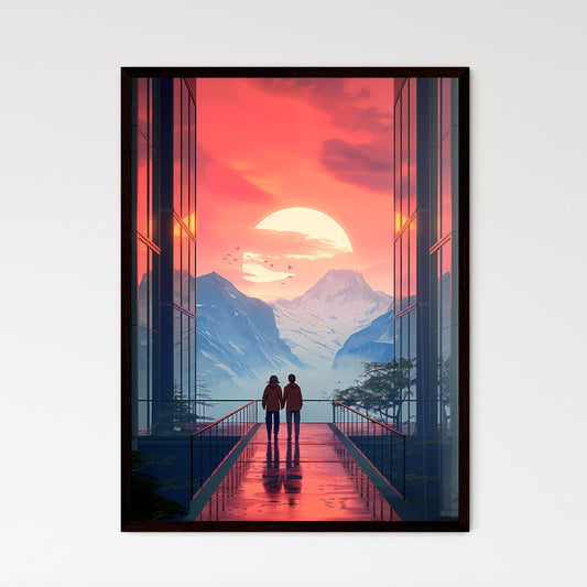 Vibrant Japanese Bauhaus Painting: Mountain View from Elevated Walkway with Human Figures Default Title