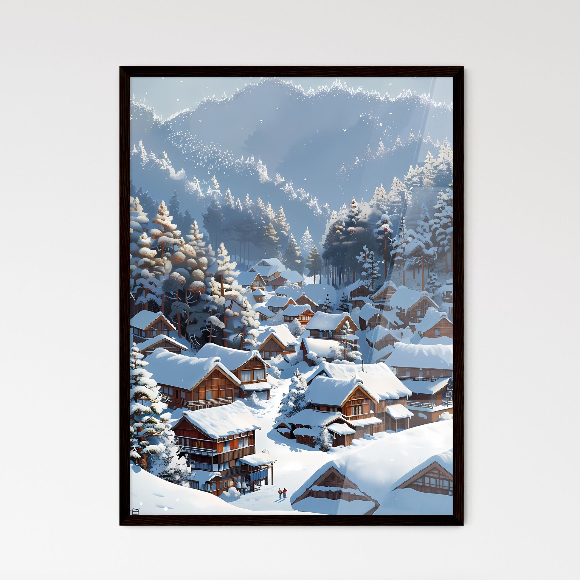 Tranquil Winter Village: A Snowy Landscape Painting with Hyperrealistic Details and Vibrant Pastel Colors Default Title