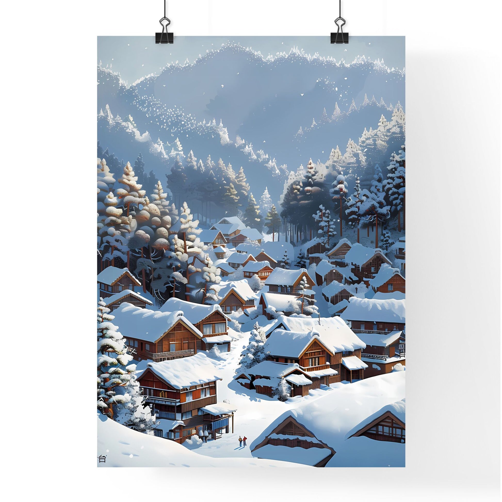 Tranquil Winter Village: A Snowy Landscape Painting with Hyperrealistic Details and Vibrant Pastel Colors Default Title