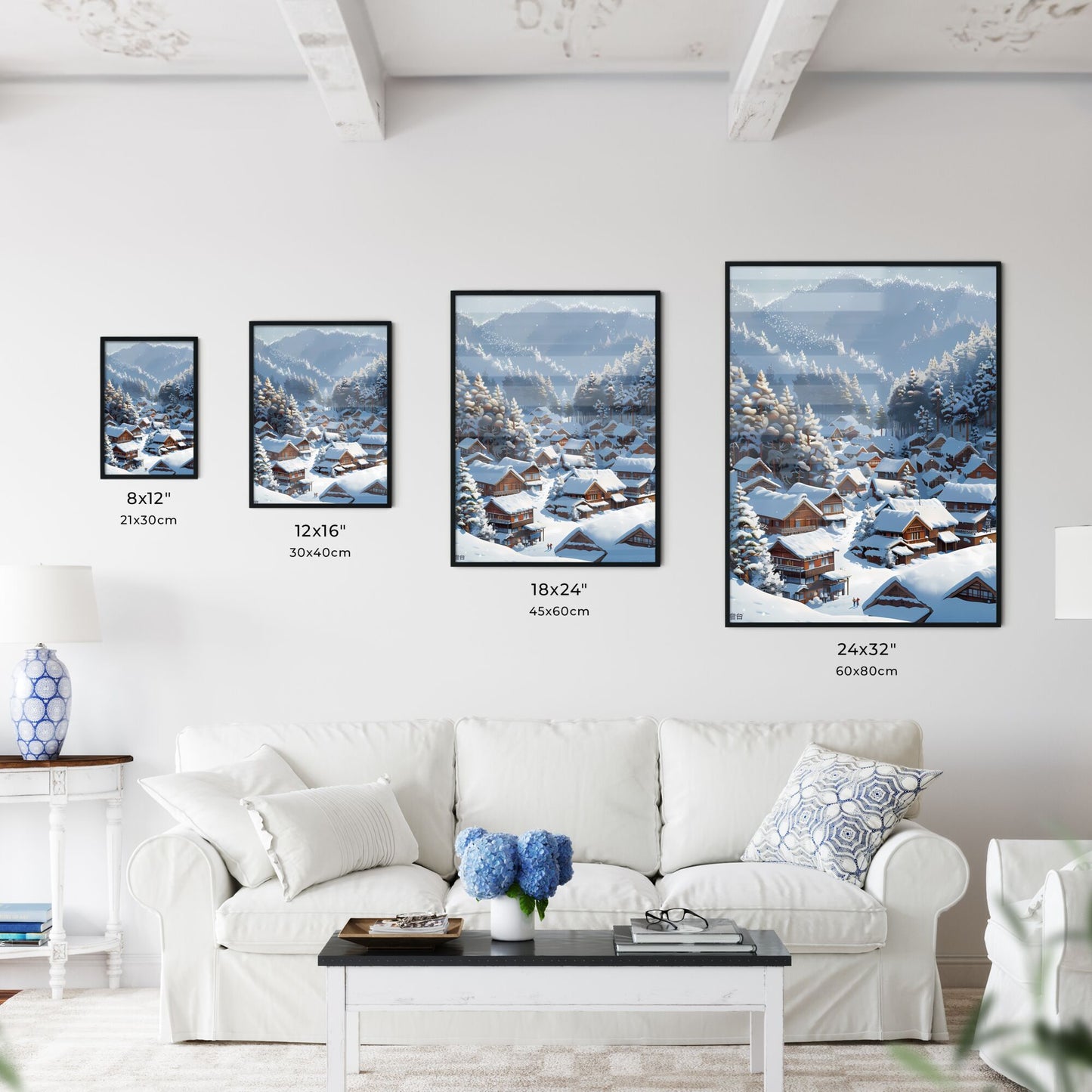 Tranquil Winter Village: A Snowy Landscape Painting with Hyperrealistic Details and Vibrant Pastel Colors Default Title