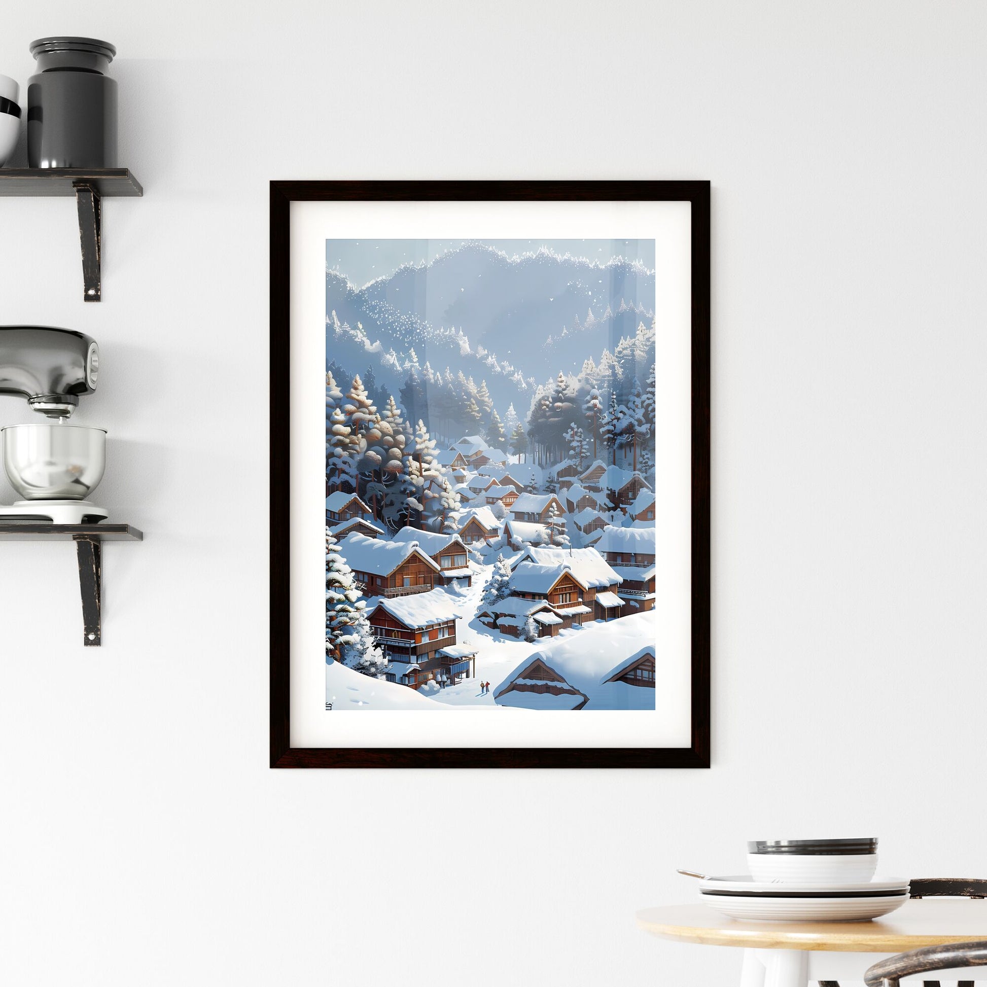 Tranquil Winter Village: A Snowy Landscape Painting with Hyperrealistic Details and Vibrant Pastel Colors Default Title