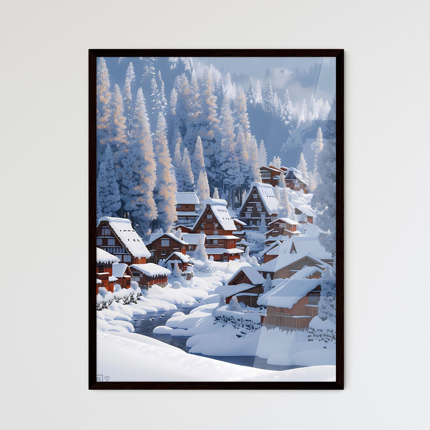 Tranquil Japanese Village: Snow-Covered Houses and Pristine Forest in Pastel Blue Sky Default Title