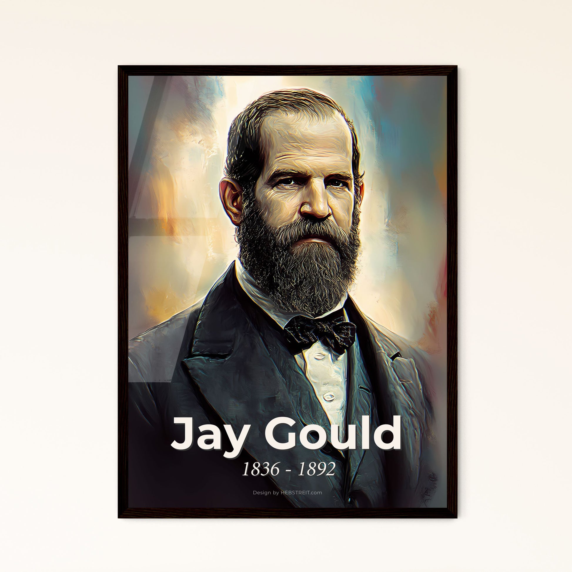 Portrait of Jay Gould, 1836 - 1892. Impressionistic painting of a man with a beard wearing a suit and bow tie.