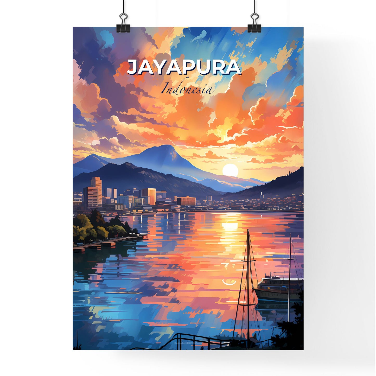 Vibrant Artistic Skyline of Jayapura Indonesia Sunset Hues Painting Cityscape Default Title