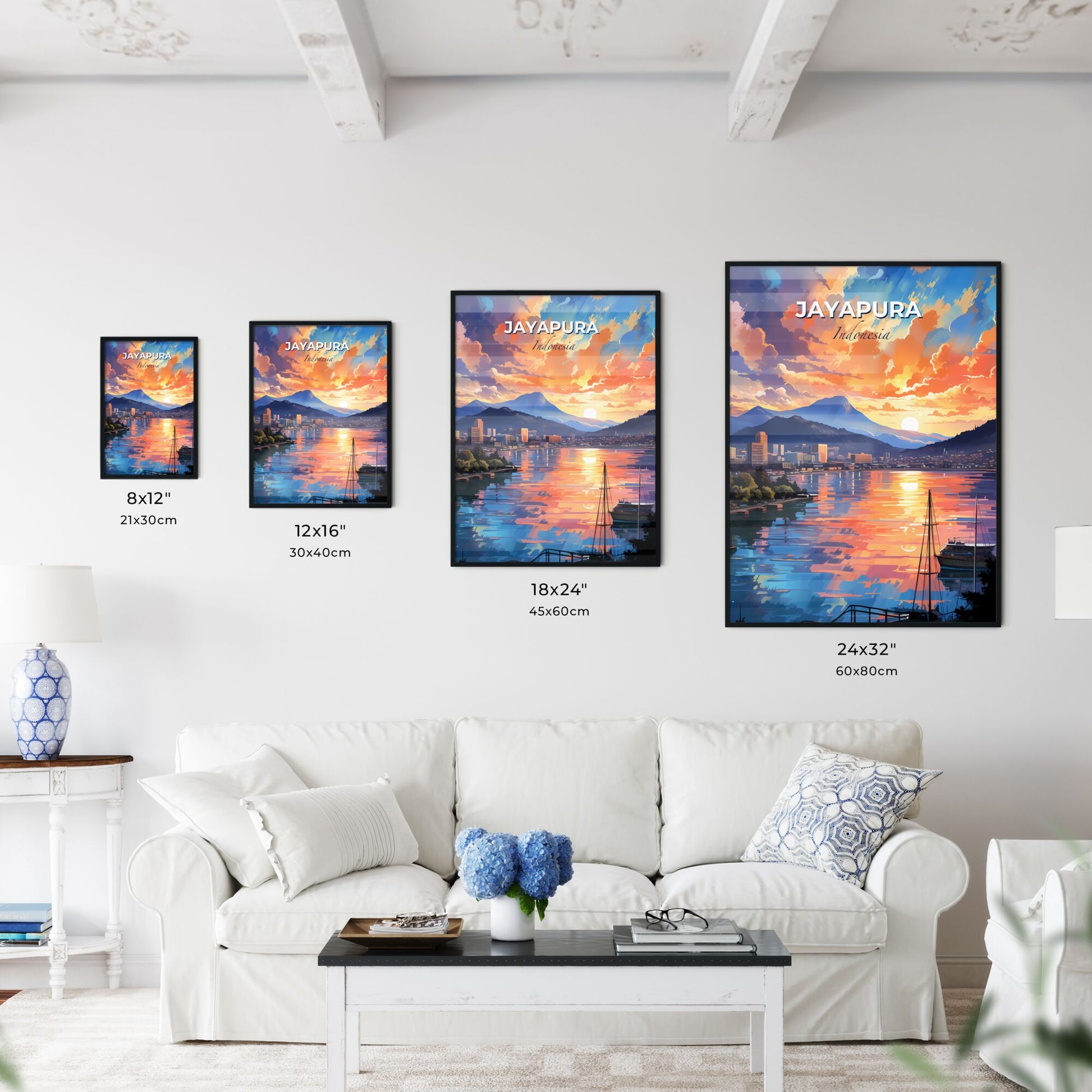 Vibrant Artistic Skyline of Jayapura Indonesia Sunset Hues Painting Cityscape Default Title