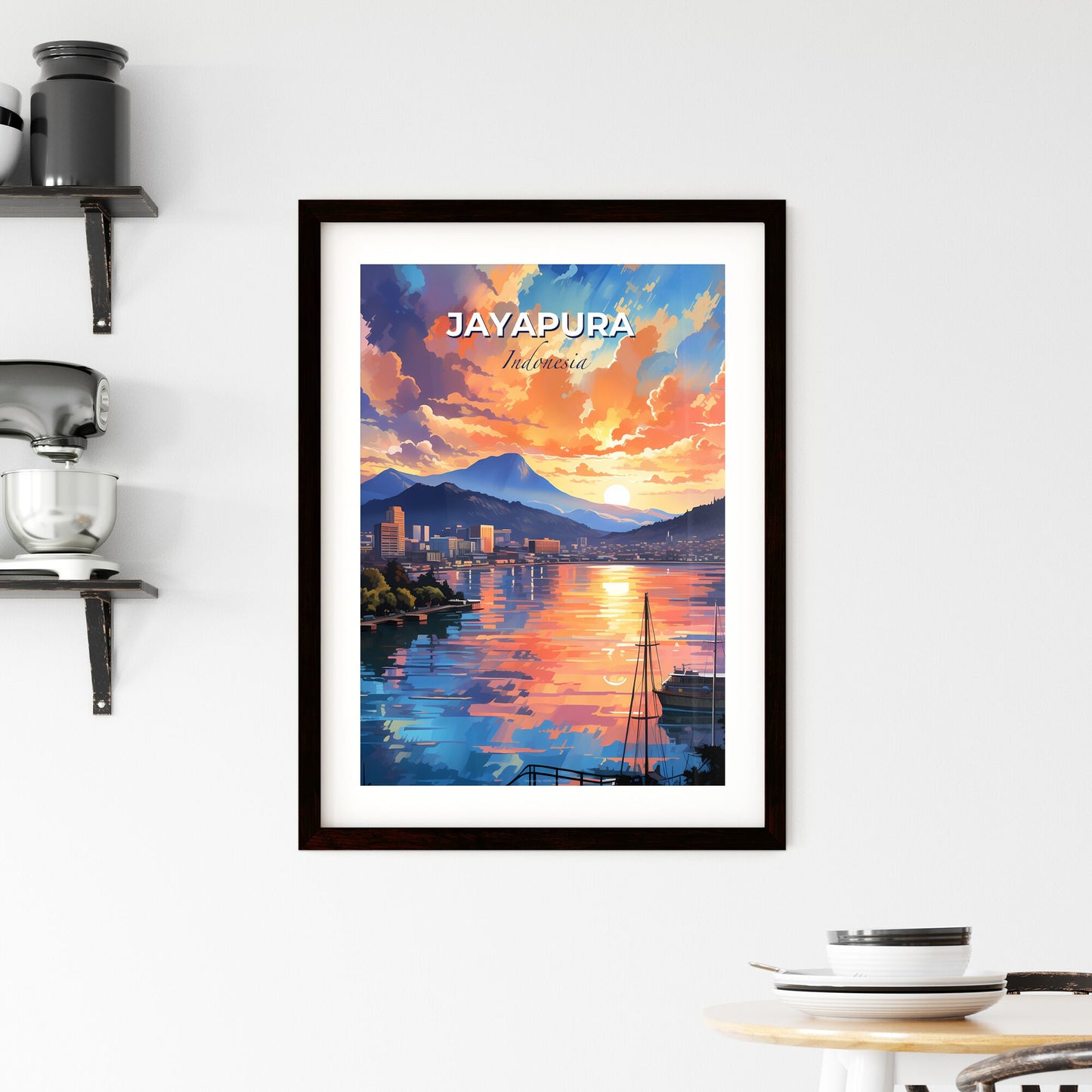 Vibrant Artistic Skyline of Jayapura Indonesia Sunset Hues Painting Cityscape Default Title