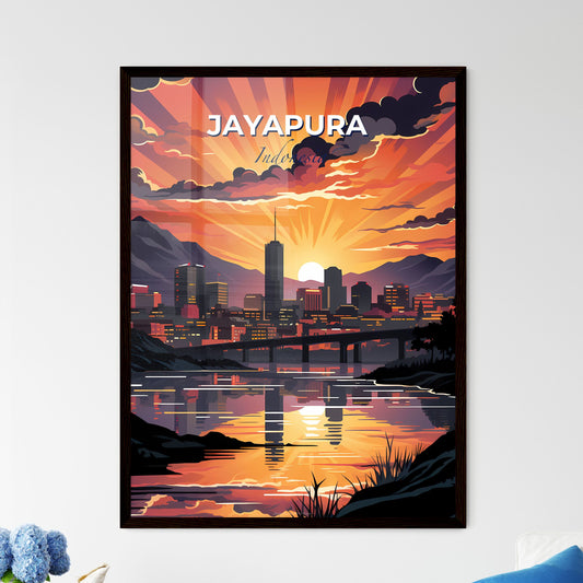 Vibrant Sunset over Jayapura Indonesia Skyline: Cityscape with Bridge over River in Artistic Painting Default Title