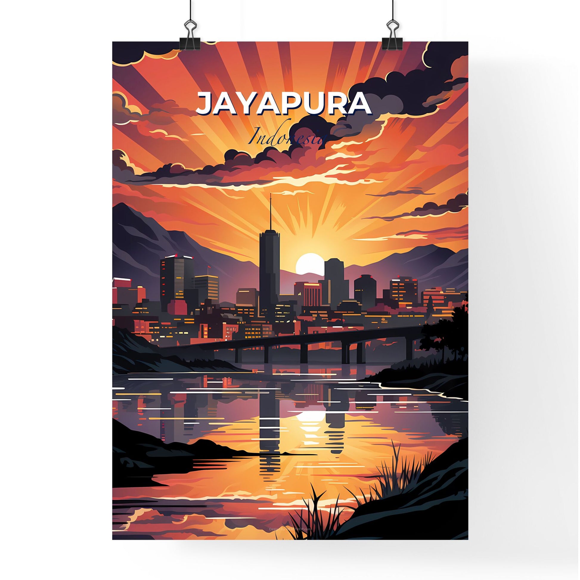 Vibrant Sunset over Jayapura Indonesia Skyline: Cityscape with Bridge over River in Artistic Painting Default Title