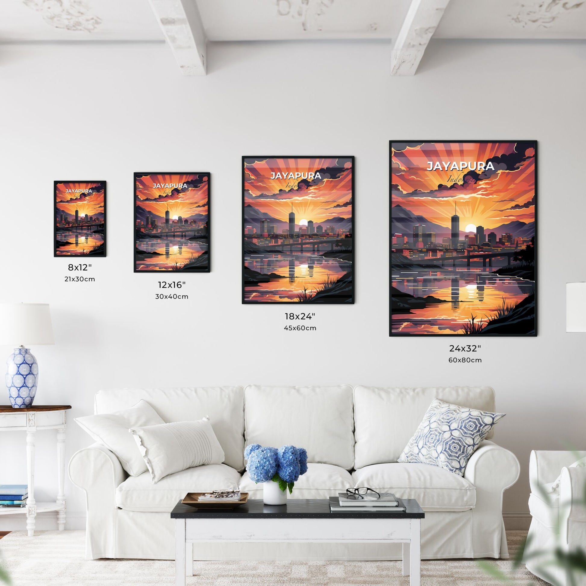 Vibrant Sunset over Jayapura Indonesia Skyline: Cityscape with Bridge over River in Artistic Painting Default Title