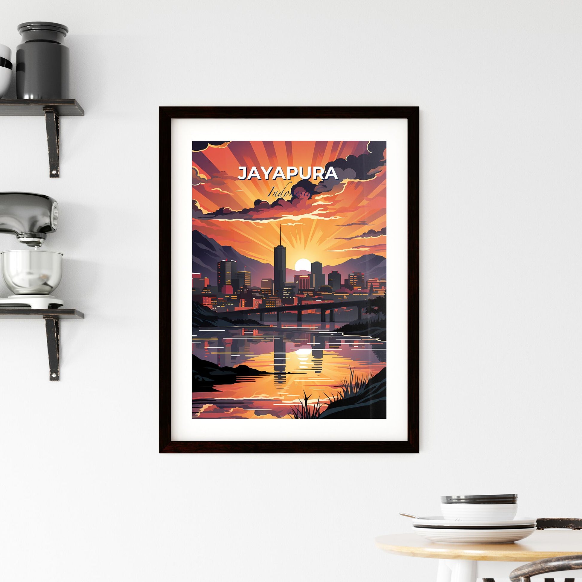 Vibrant Sunset over Jayapura Indonesia Skyline: Cityscape with Bridge over River in Artistic Painting Default Title