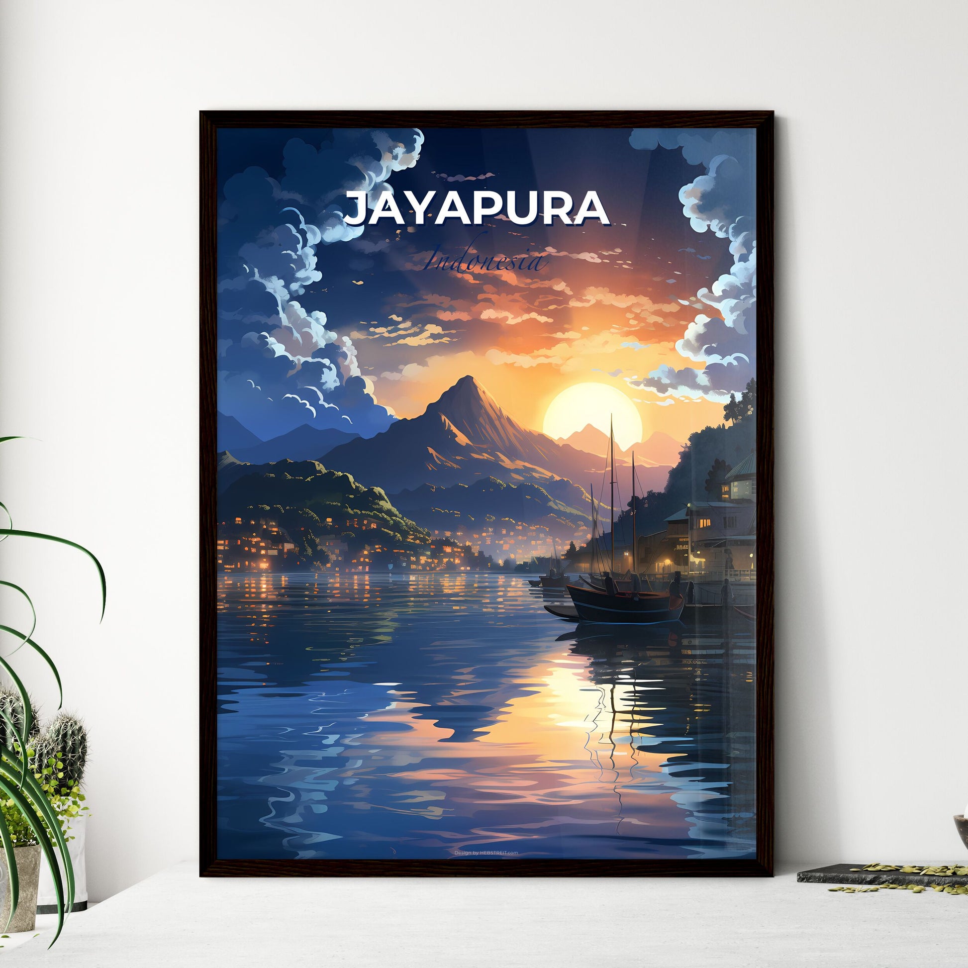 Jayapura Indonesia City Skyline Sunset on Lake with Boats and Mountains Vibrant Painting Art Default Title