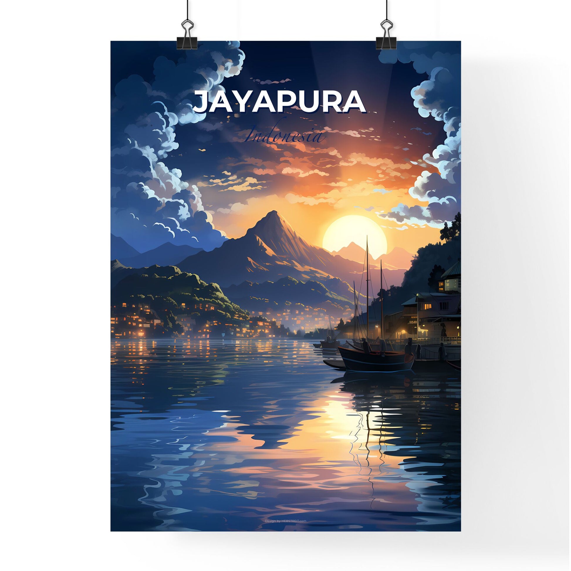 Jayapura Indonesia City Skyline Sunset on Lake with Boats and Mountains Vibrant Painting Art Default Title