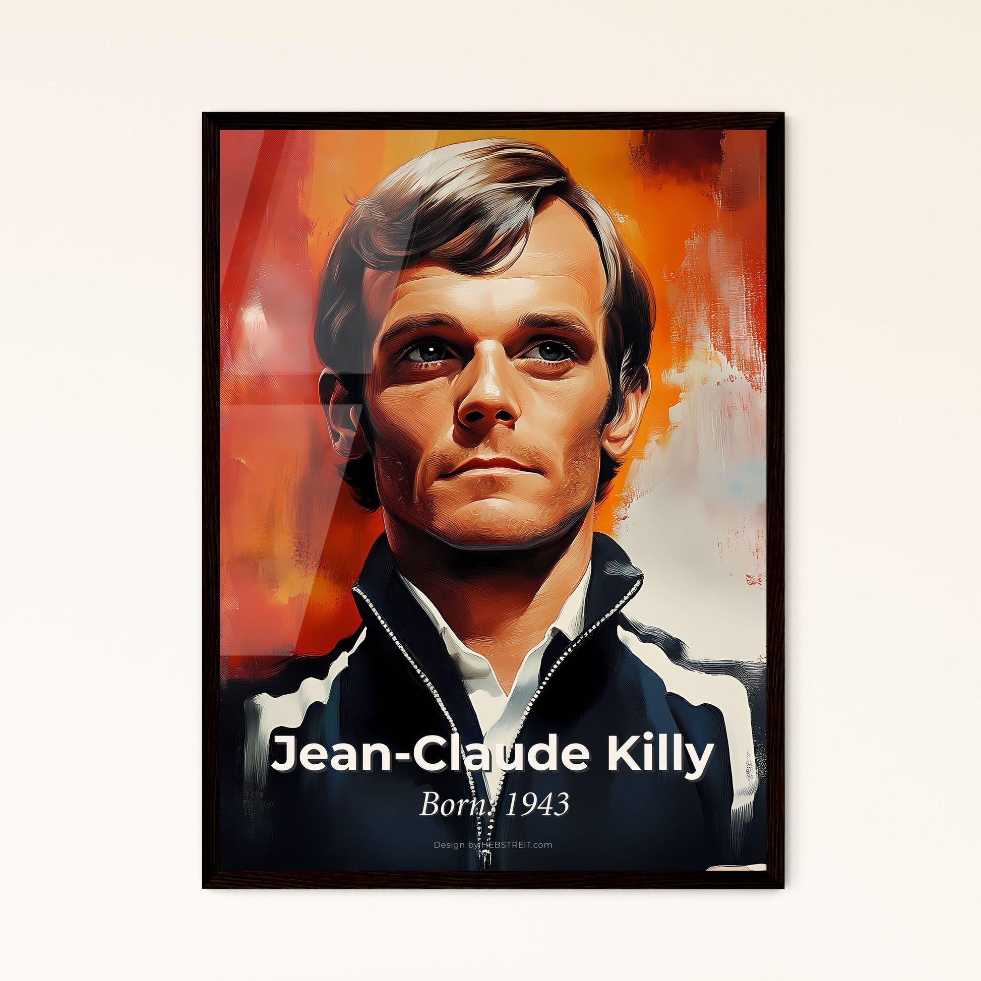 Portrait of Jean-Claude Killy, Born: 1943. Impressionistic painting of a man in a black jacket.