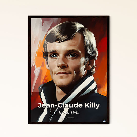 Portrait of Jean-Claude Killy, Born: 1943. Impressionistic painting of a man in a black jacket.