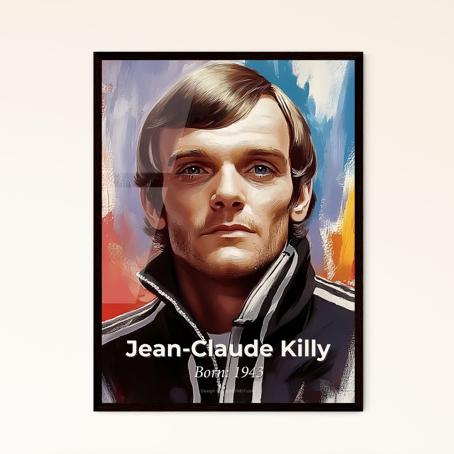 Portrait of Jean-Claude Killy, Born: 1943. Impressionistic painting of a man in a black jacket.