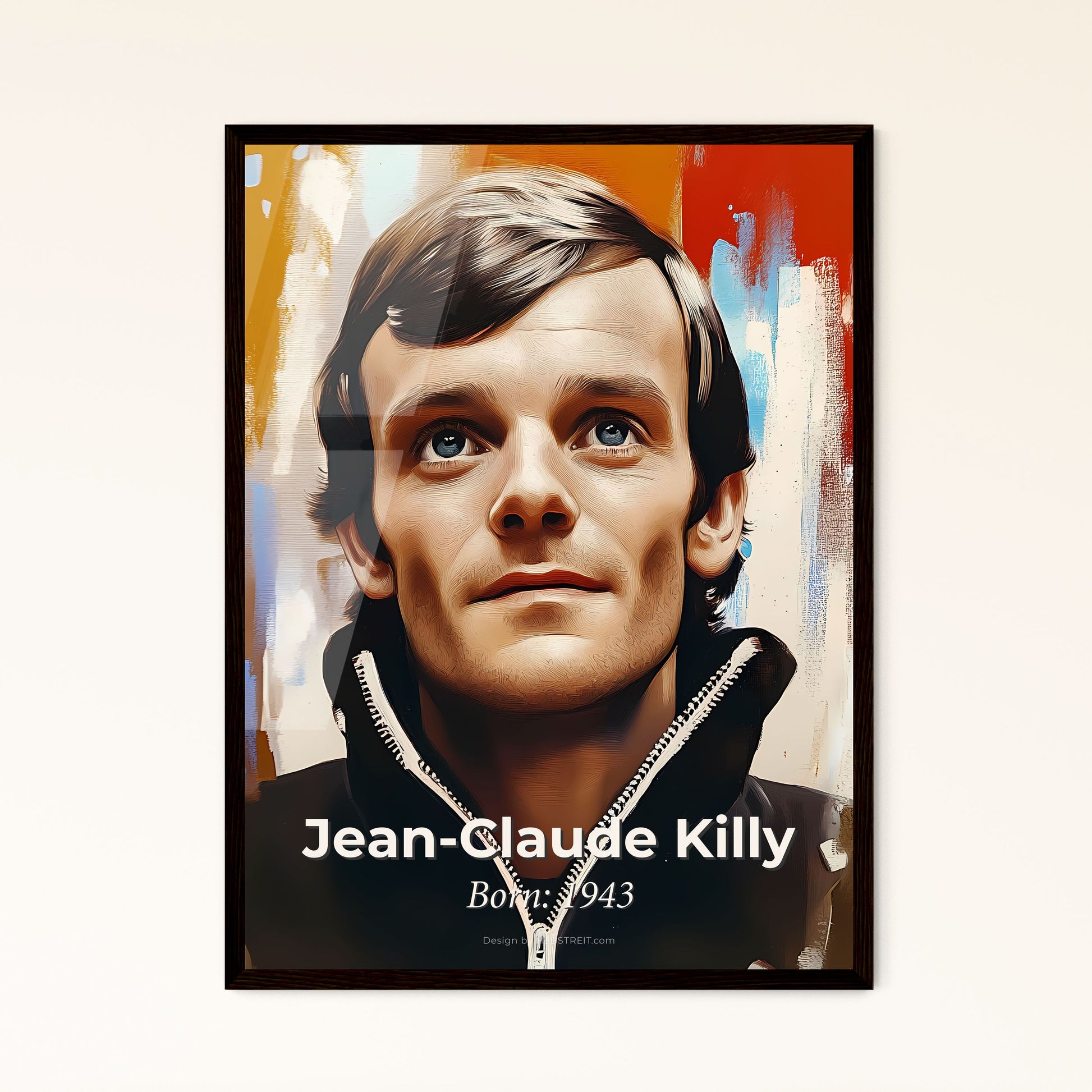 Portrait of Jean-Claude Killy, Born: 1943. Impressionistic painting of a man looking up with a colorful background.