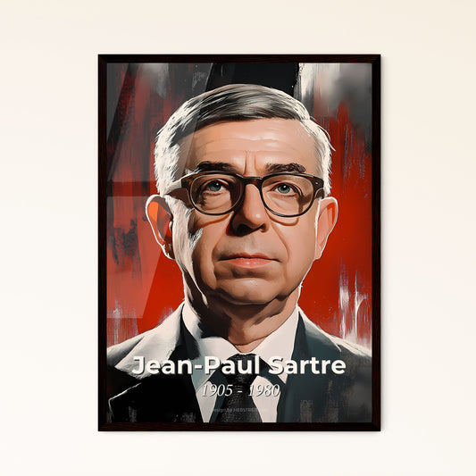 Portrait of Jean-Paul Sartre, 1905 - 1980. Impressionistic painting of a man in a suit and tie.