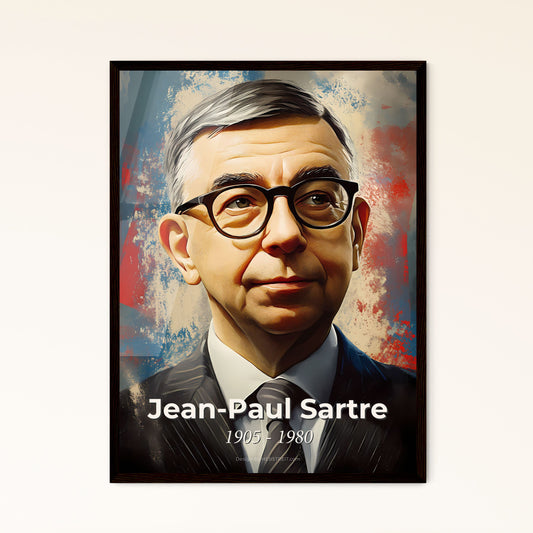 Portrait of Jean-Paul Sartre, 1905 - 1980. Impressionistic painting of a man in a suit and tie.