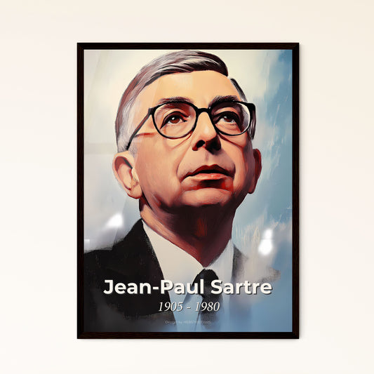 Portrait of Jean-Paul Sartre, 1905 - 1980. Impressionistic painting of a man wearing glasses and a suit.