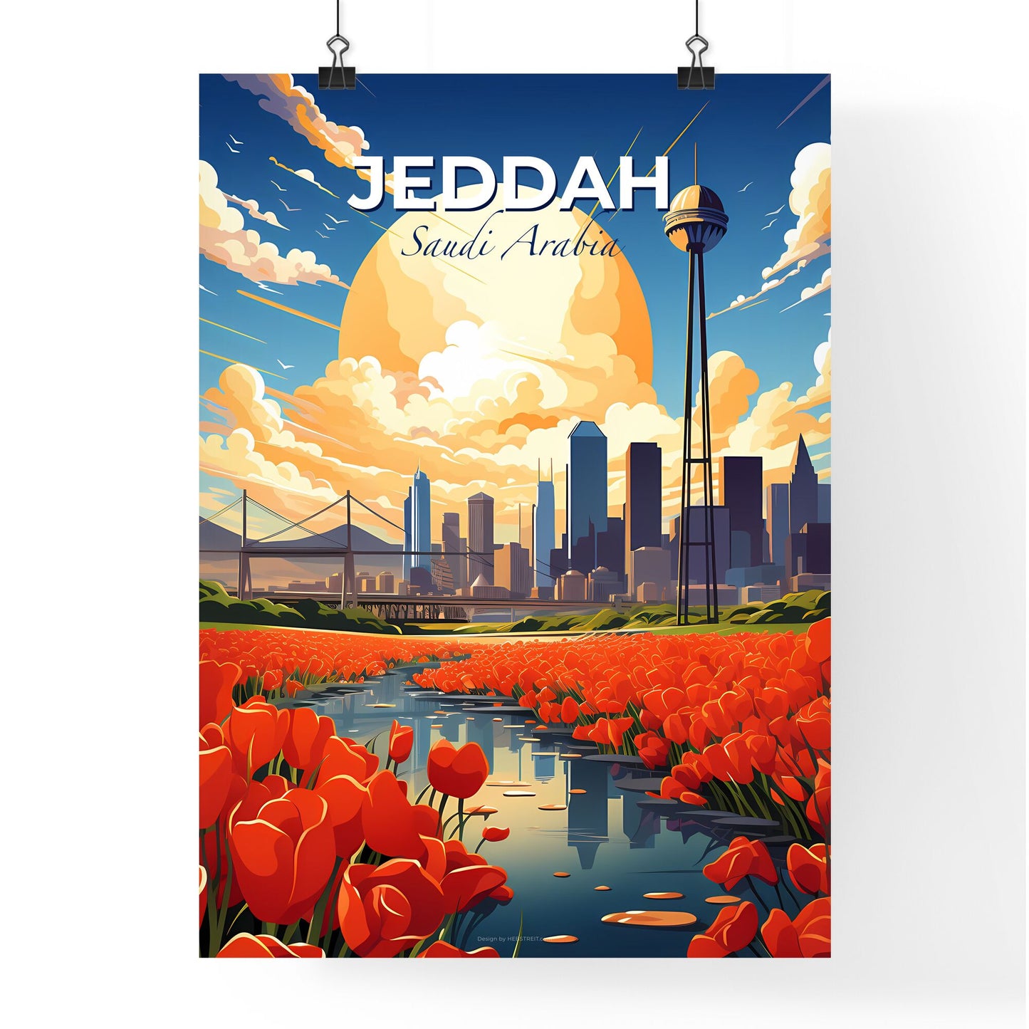 Cityscape Painting: Jeddah Skyline with Blooming River and Cityscape Background Default Title