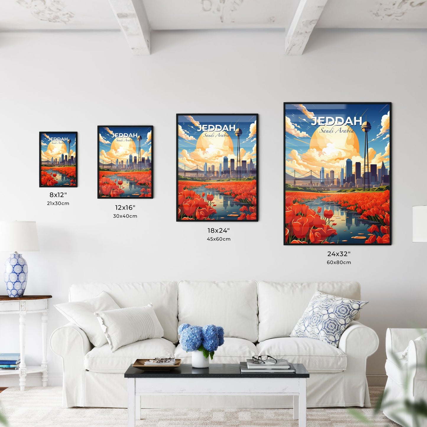 Cityscape Painting: Jeddah Skyline with Blooming River and Cityscape Background Default Title