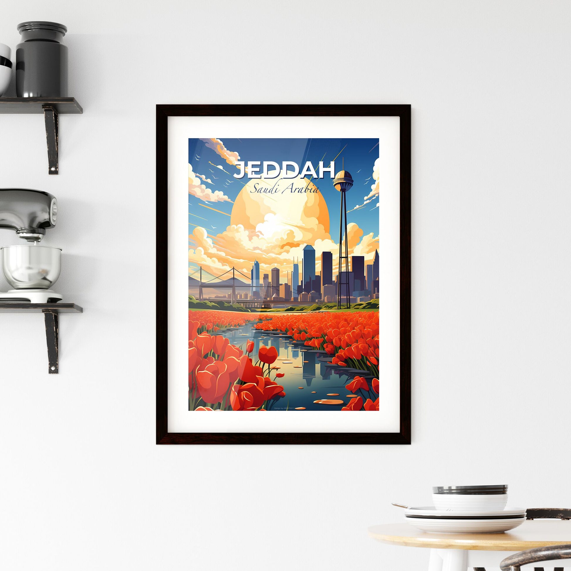 Cityscape Painting: Jeddah Skyline with Blooming River and Cityscape Background Default Title