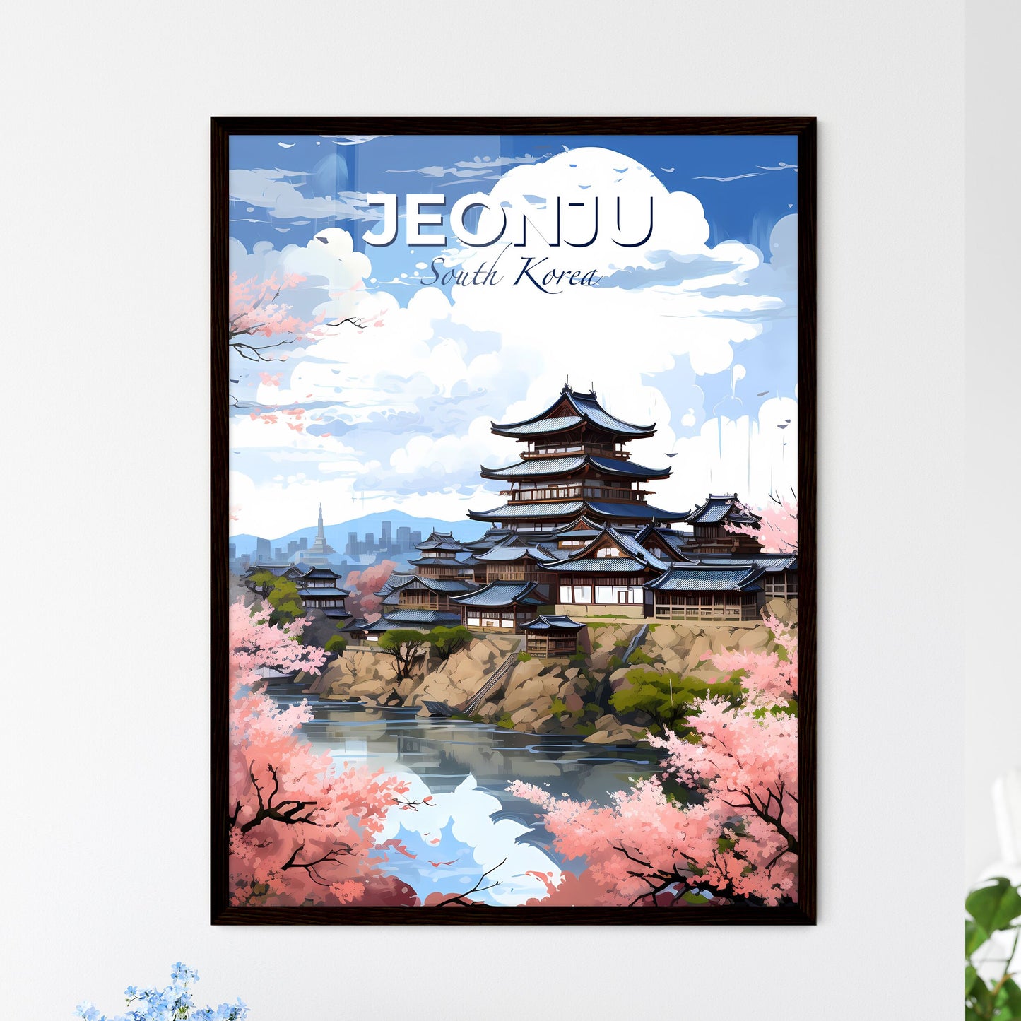 Vibrant Painting of Jeonju Skyline Featuring Building on Hill with River and Trees Default Title