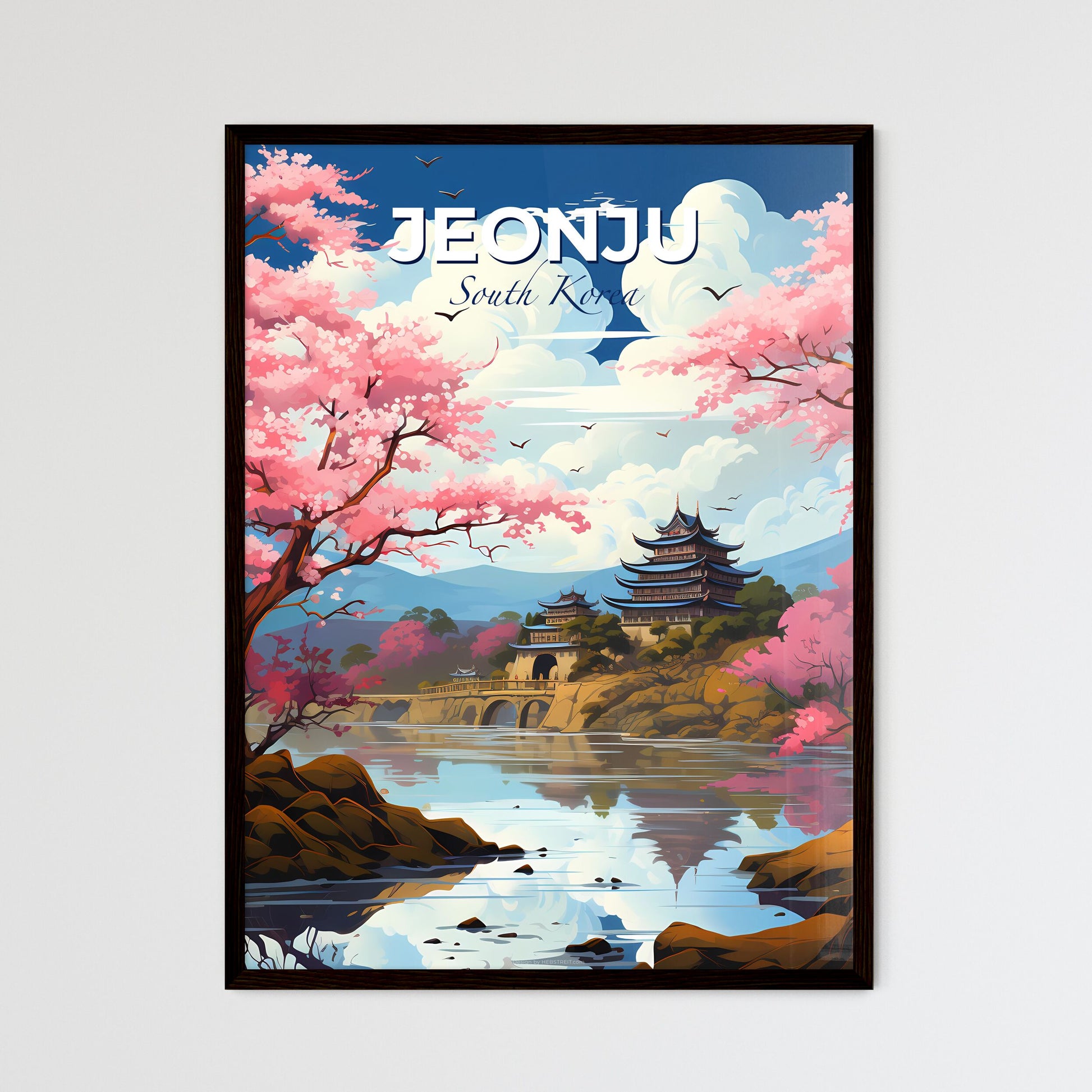 Panoramic Skyline of Jeonju South Korea with Lake, Pagoda, and Vibrant Pink Trees in Abstract Painting Style Default Title