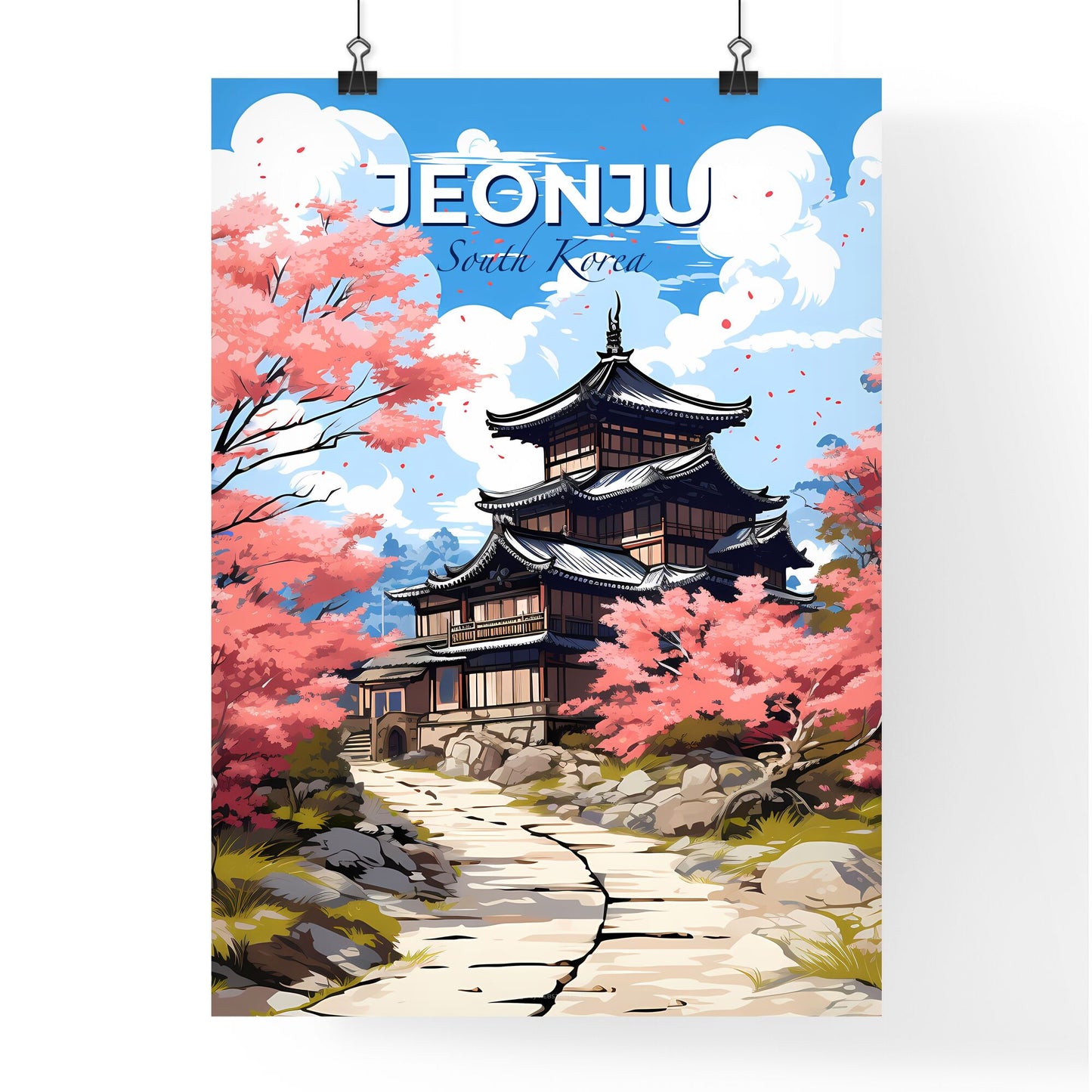 Vibrant Korean Art: Jeonju Cityscape with Pagoda and Cherry Blossoms Default Title