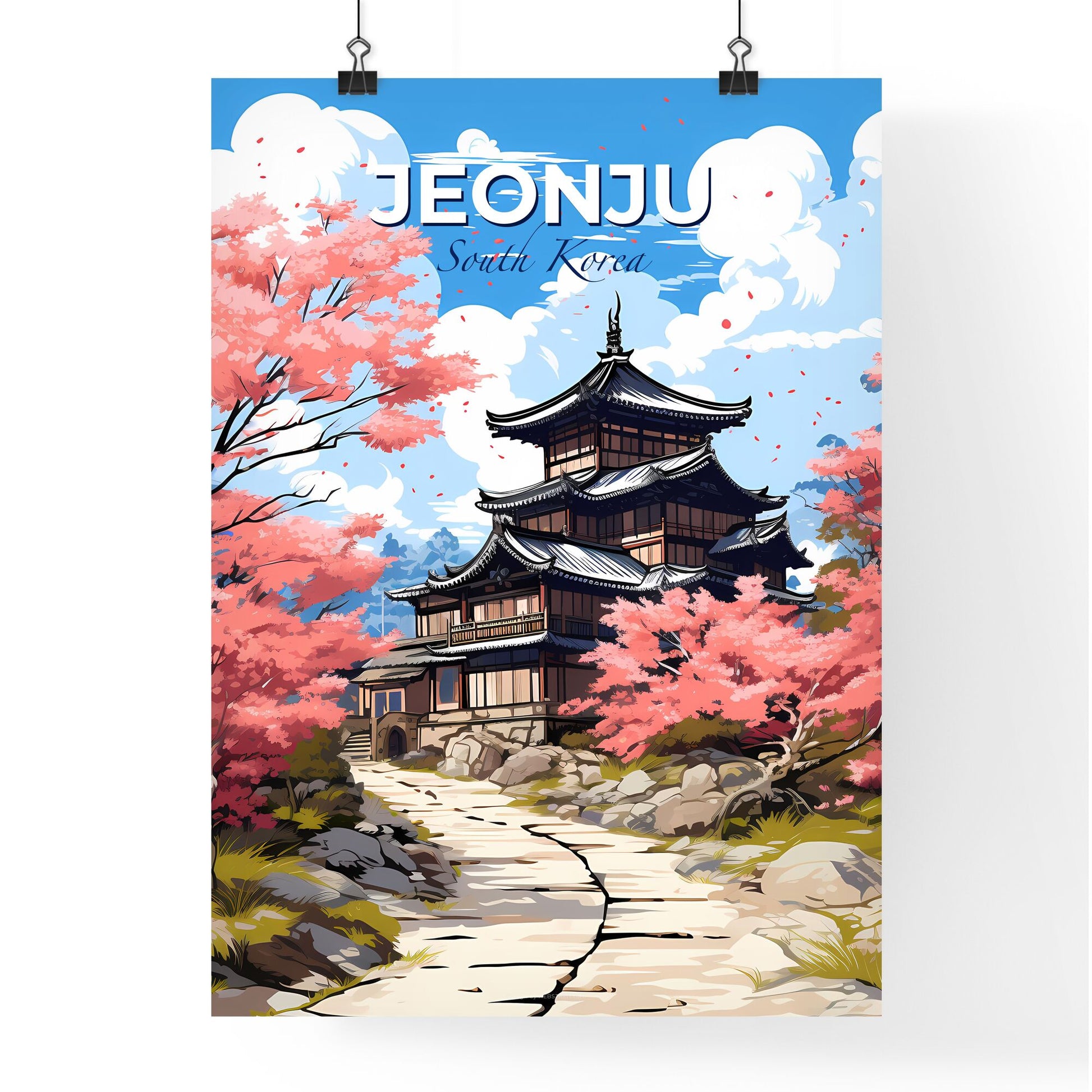 Vibrant Korean Art: Jeonju Cityscape with Pagoda and Cherry Blossoms Default Title