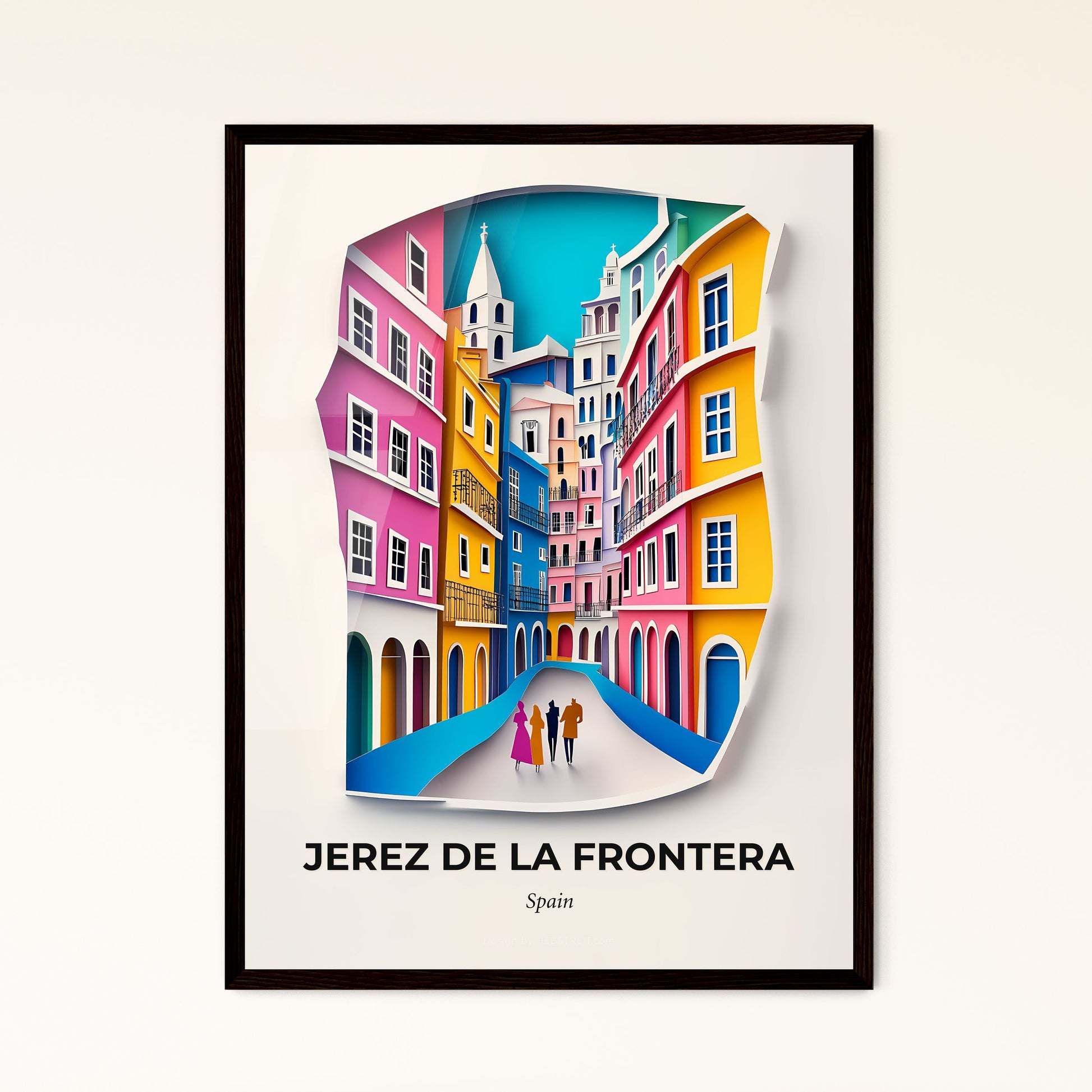 Vivid Jerez de la Frontera, Spain - a paper cut of a city street with people walking