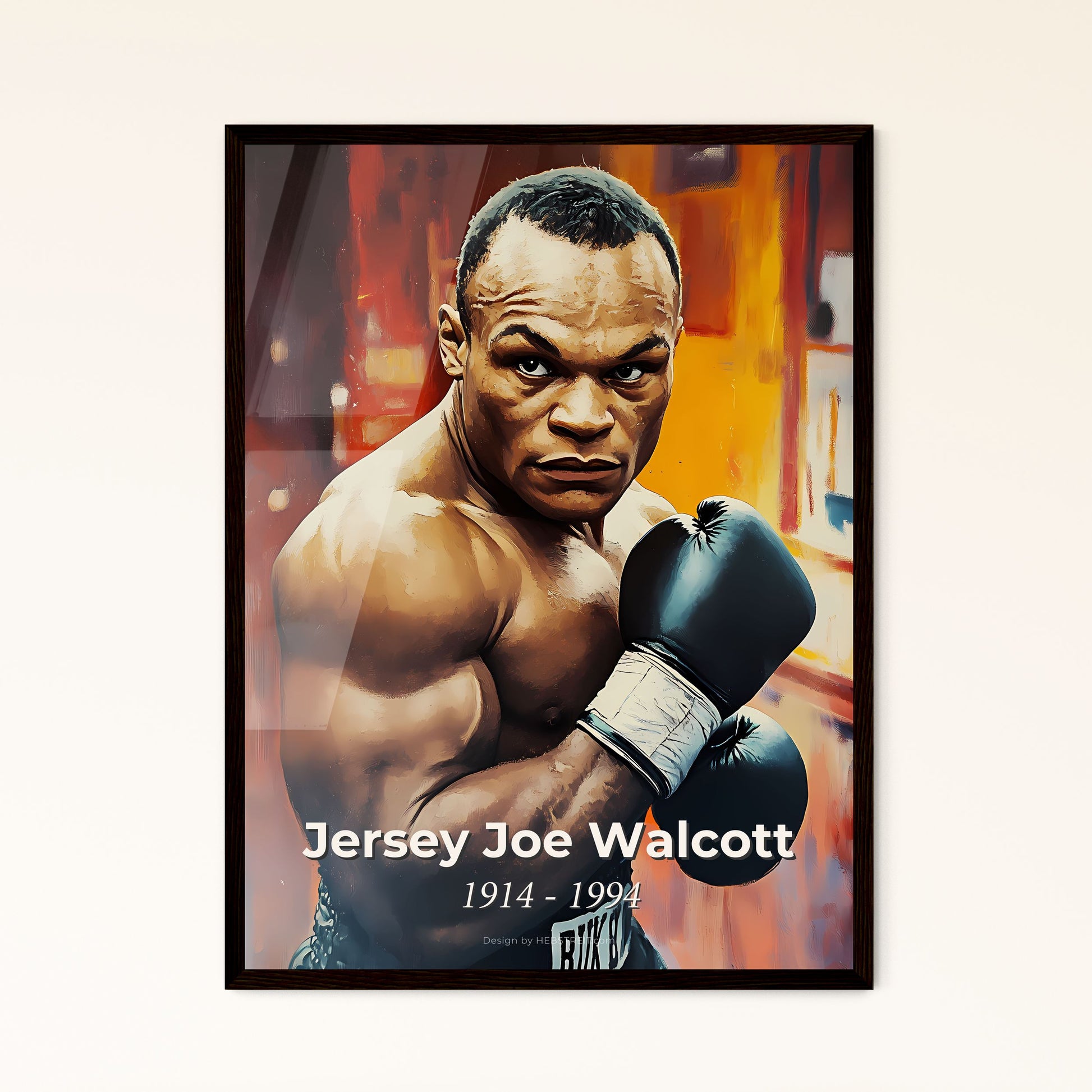 Portrait of Jersey Joe Walcott, 1914 - 1994. Impressionistic painting of a man with boxing gloves.