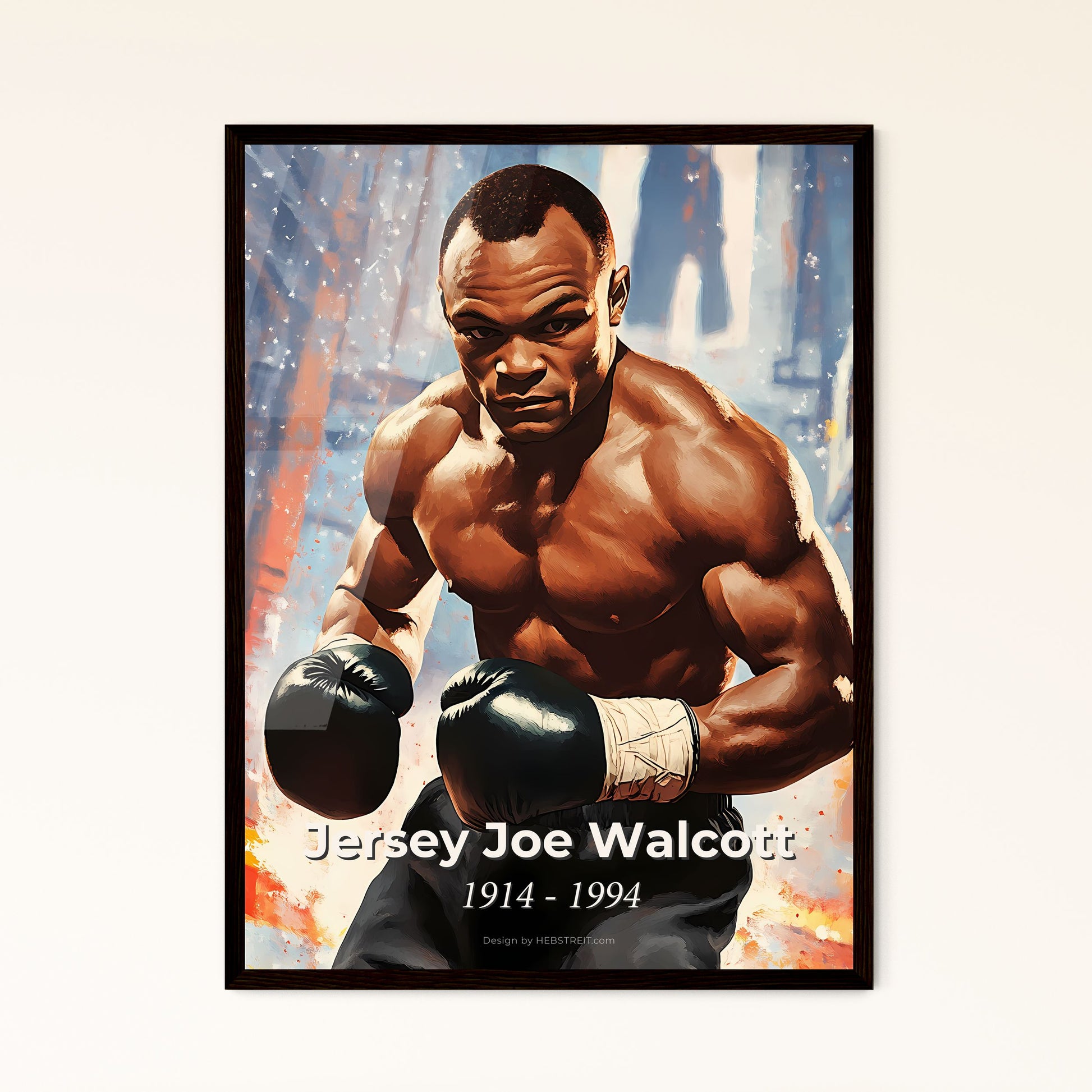 Portrait of Jersey Joe Walcott, 1914 - 1994. Impressionistic painting of a man wearing boxing gloves.