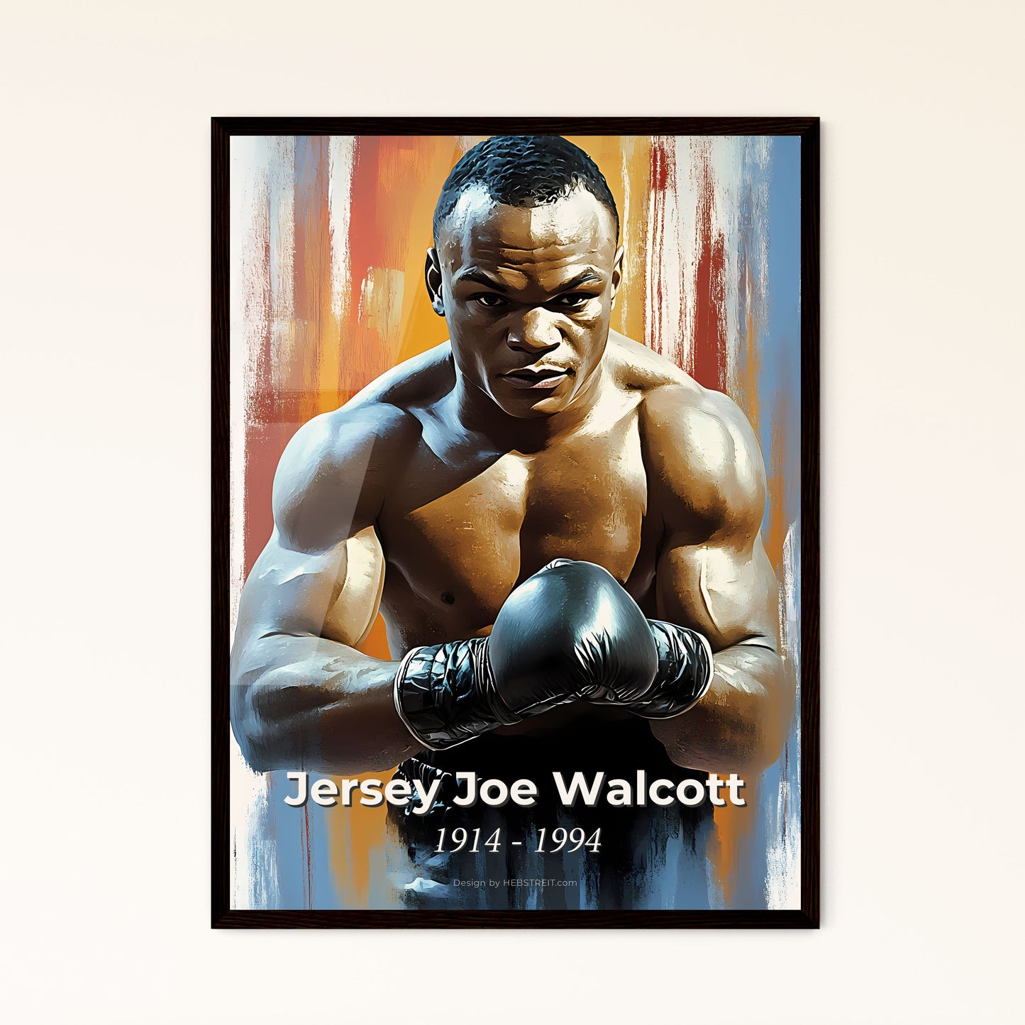 Portrait of Jersey Joe Walcott, 1914 - 1994. Impressionistic painting of a man wearing boxing gloves.