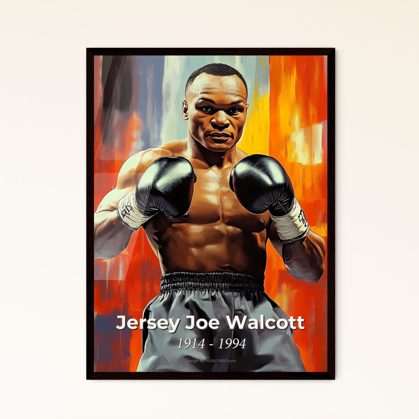 Portrait of Jersey Joe Walcott, 1914 - 1994. Impressionistic painting of a man wearing boxing gloves.