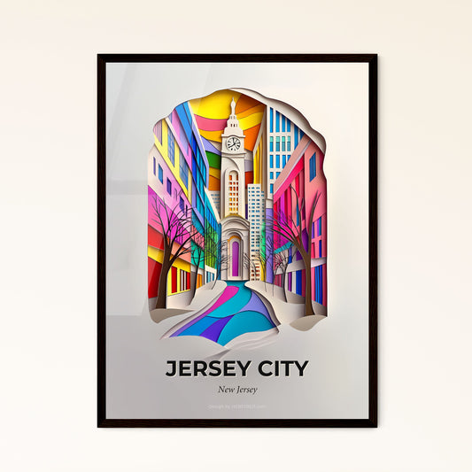 Vivid Jersey City, New Jersey - a paper cut of a city with a clock tower