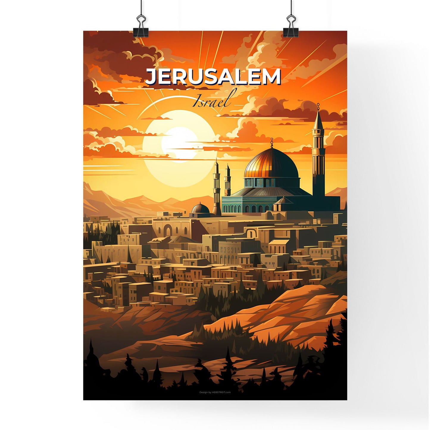 Colorful Artistic Jerusalem Skyline Cityscape Painting with Dome and Towers Default Title