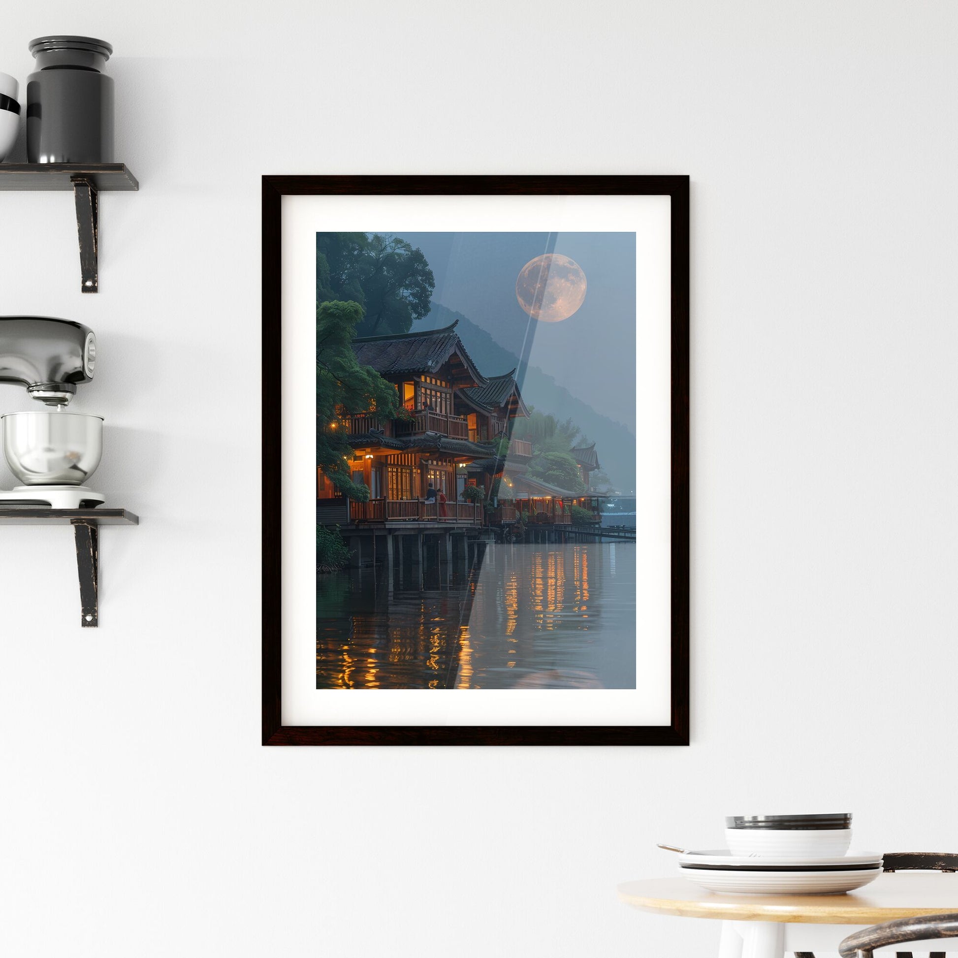 Watercolor Painting of a Secluded Lakeside Cottage with Mountains in the Distance, Minimalist Composition, Award-Winning Photography Default Title