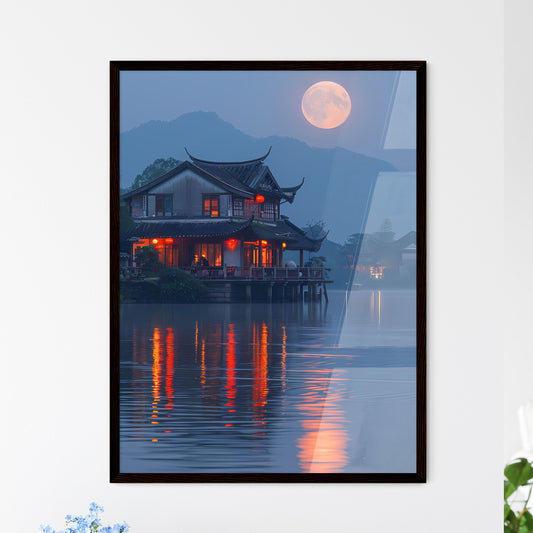 Minimalism House on the Lake, Vibrant Painting, Surrealism, Award-winning Photography, Landscape, Sky, Moon, Water, Mountains Default Title