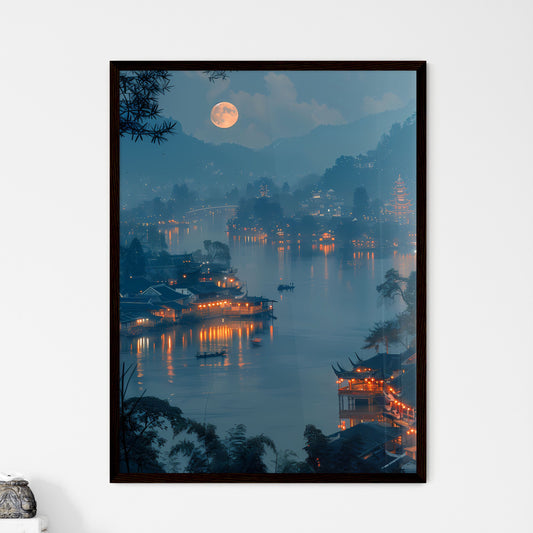 Picturesque Jiangnan Lake Under the Full Moon, Featuring Illuminated Houses, Distant Mountains, and a Minimalist Composition, Award-Winning Photography Default Title