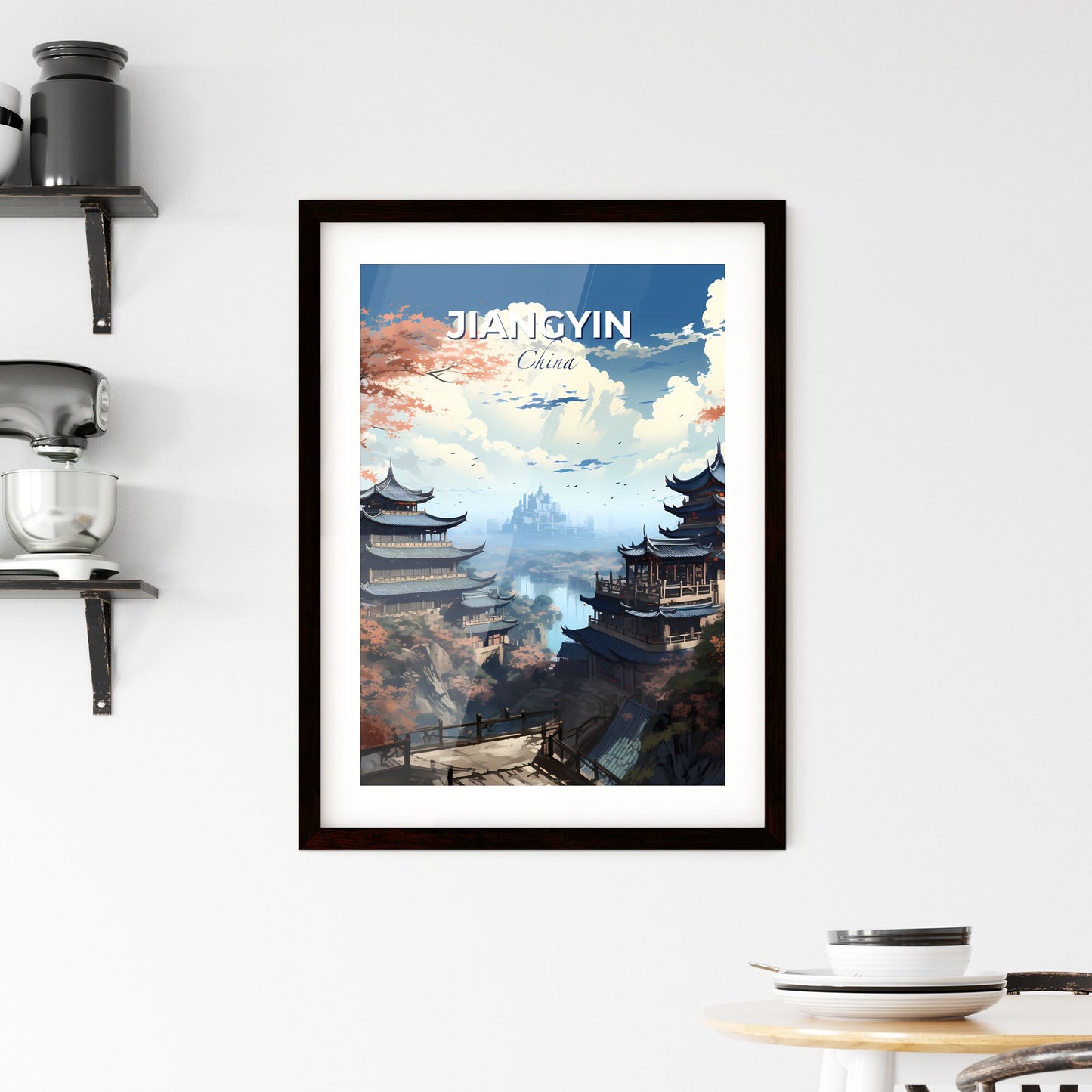 Jiangyin Cityscape Art Print - Vibrant Painting of Buildings on a Cliff Default Title