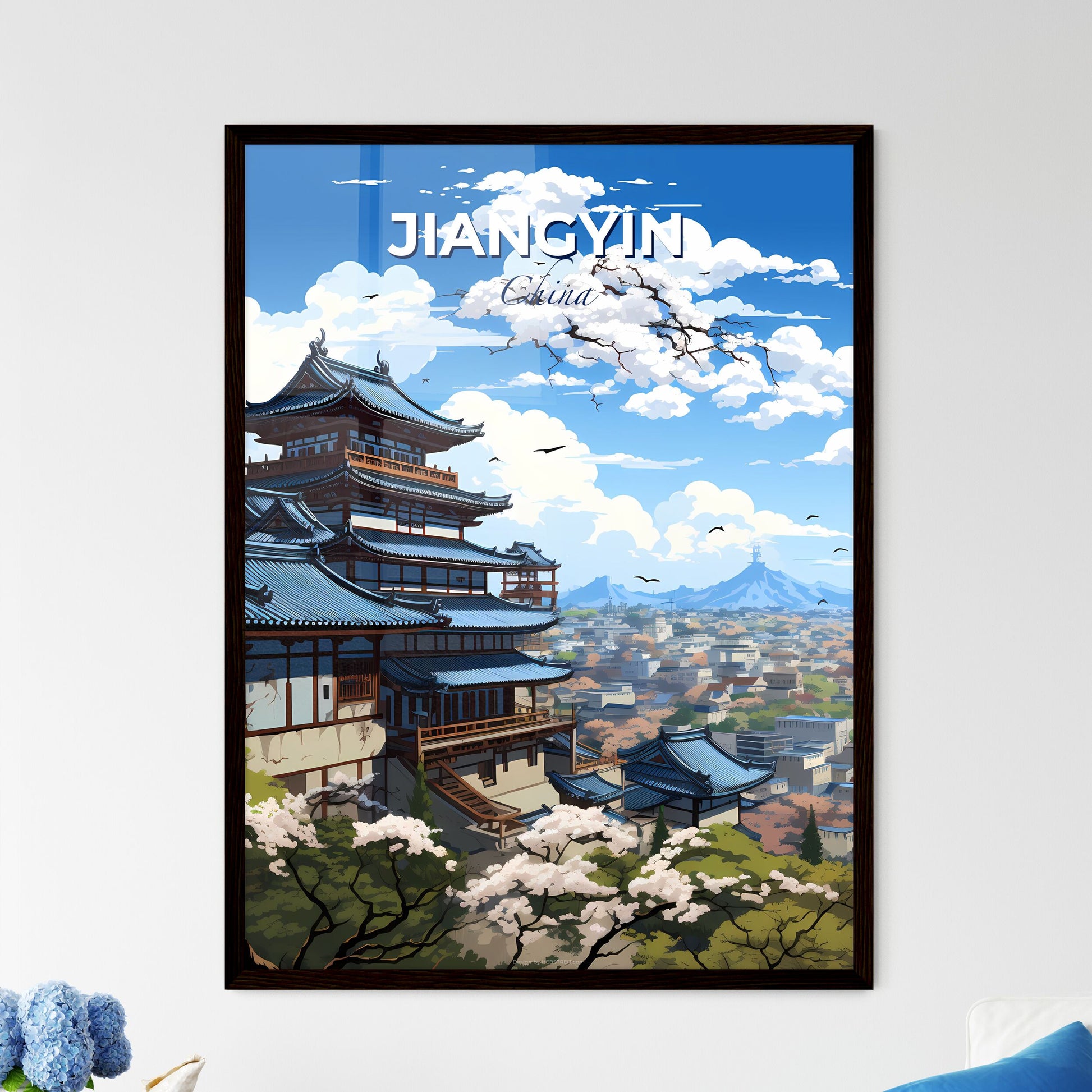 Vibrant Artwork Depicting a Chinese City Skyline with Architectural Elements and Vegetation Default Title