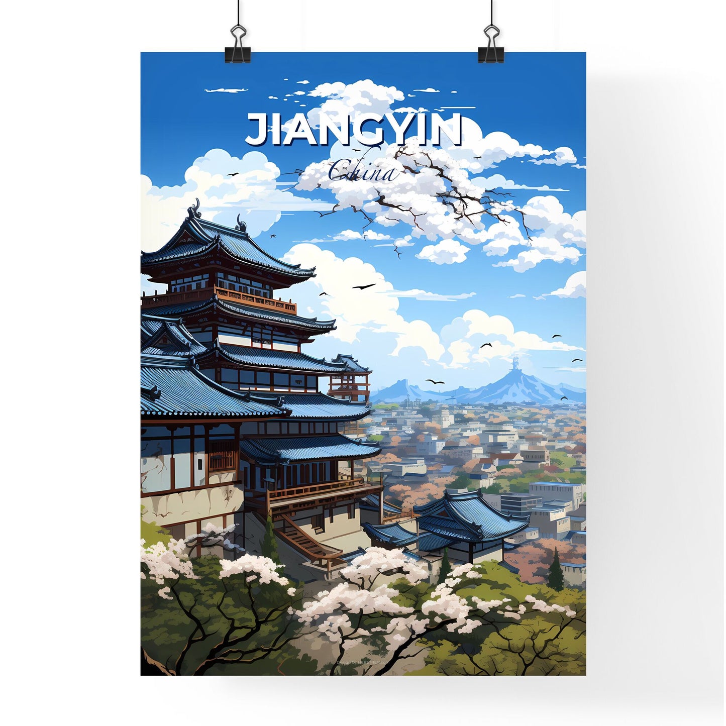 Vibrant Artwork Depicting a Chinese City Skyline with Architectural Elements and Vegetation Default Title