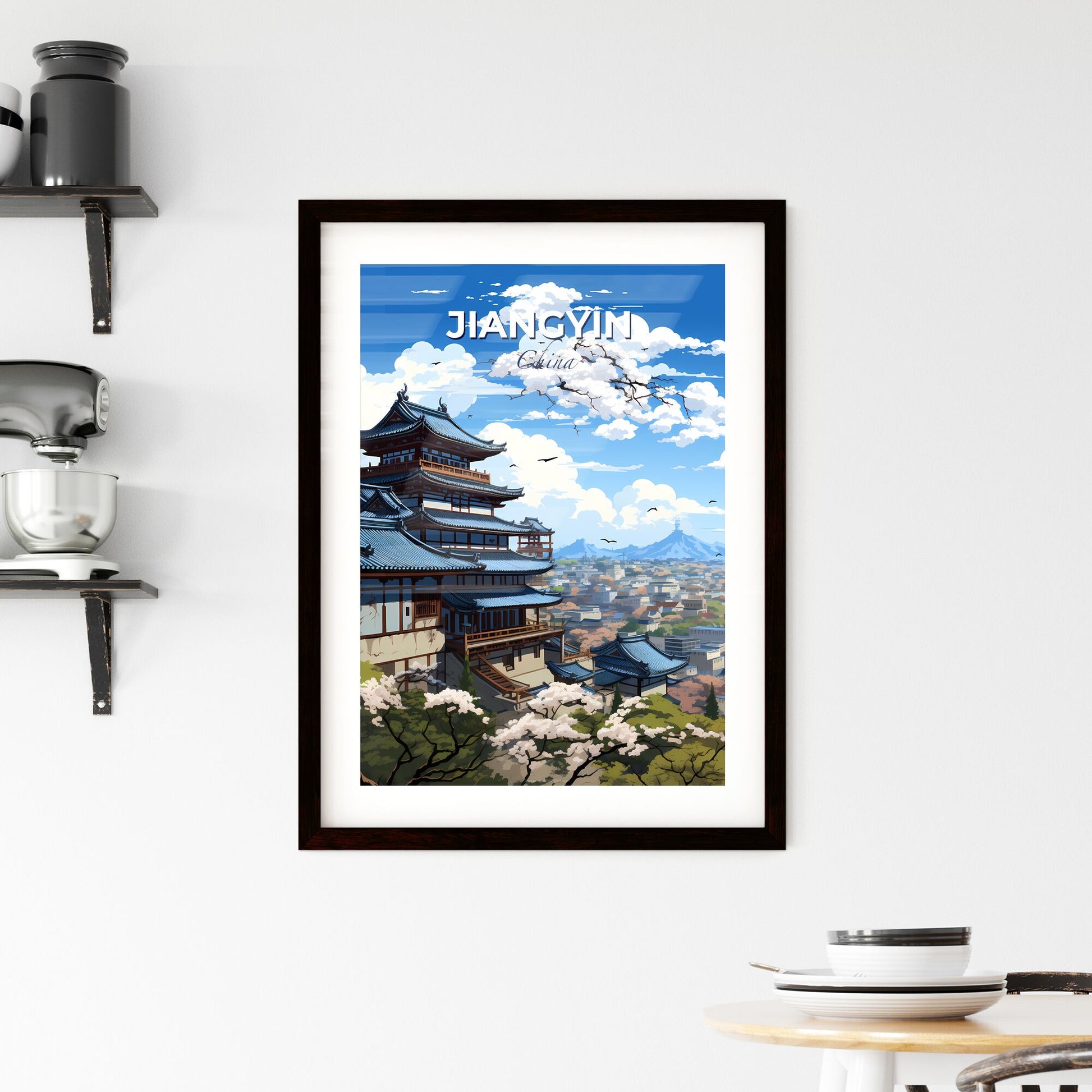 Vibrant Artwork Depicting a Chinese City Skyline with Architectural Elements and Vegetation Default Title