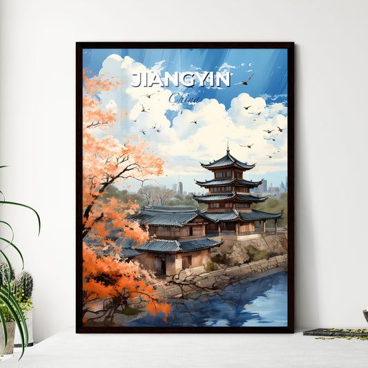 Vibrant Painting of Jiangyin City Skyline with Pagoda and Trees by Riverfront Default Title